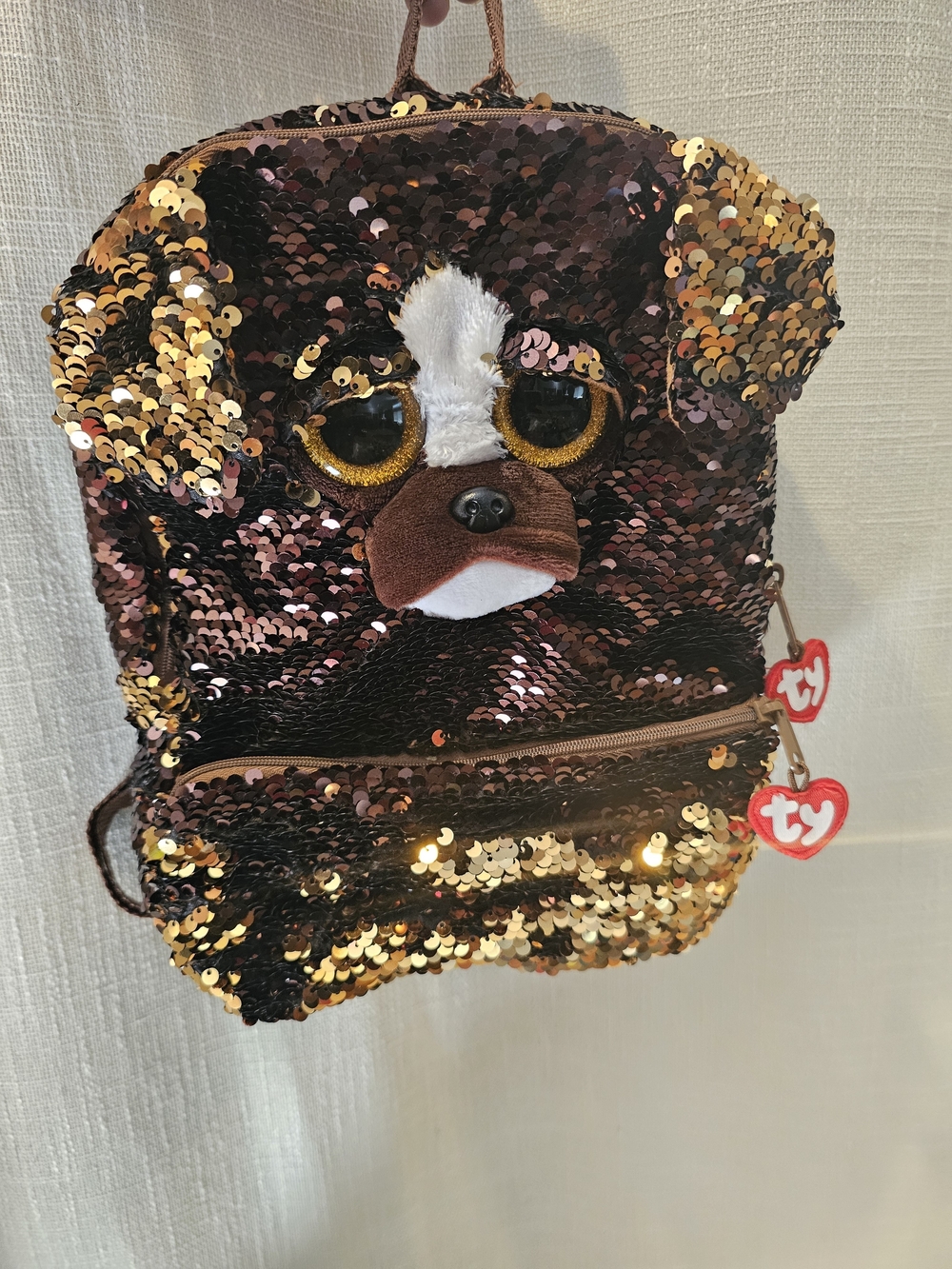 TY Sequin Puppy Backpack - Gold & Black Reversible Sequins